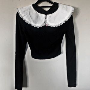 Black Cottage Core Long Sleeve Collared Shirt
